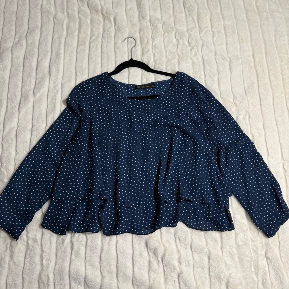 Zara Navy Blue Polka Dot Peplum Blouse